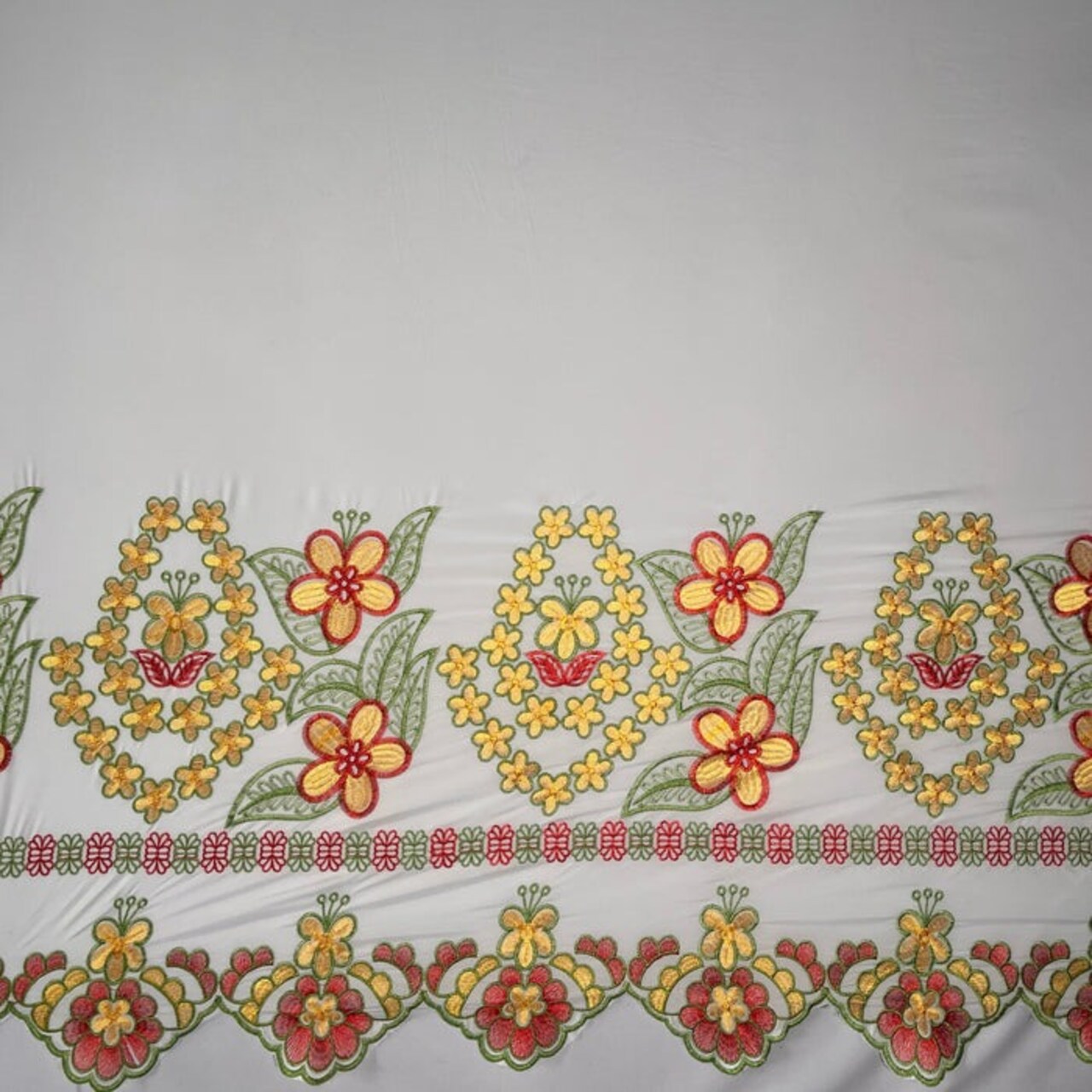 1 Yard Floral Embroidered Border Polyester Fabric 56 inches width, Durable & Elegant Textile